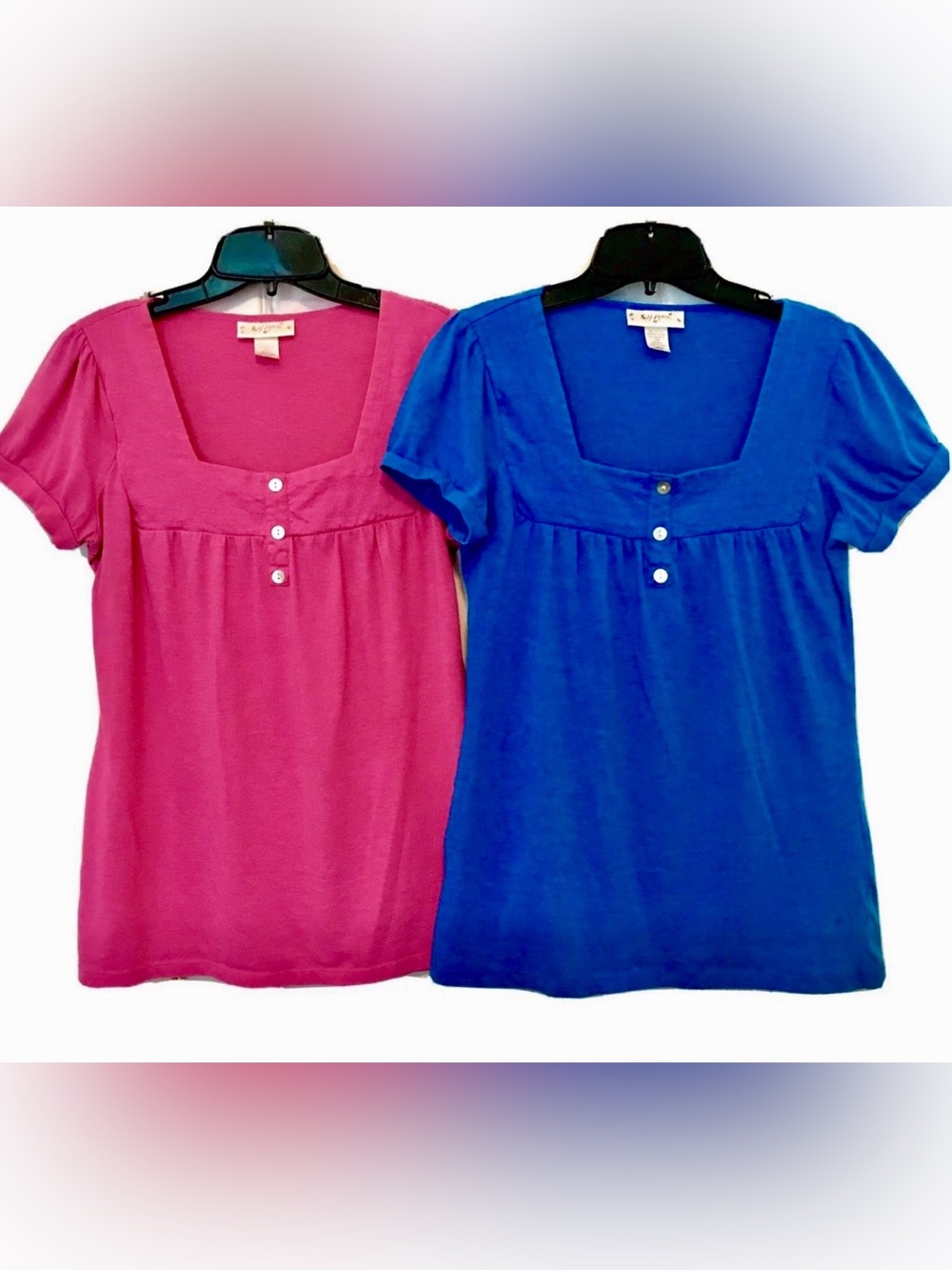 Self Esteem Womens L Square Neck Blue & Pink Short Sleeve 2 Babydoll Tunic Tops